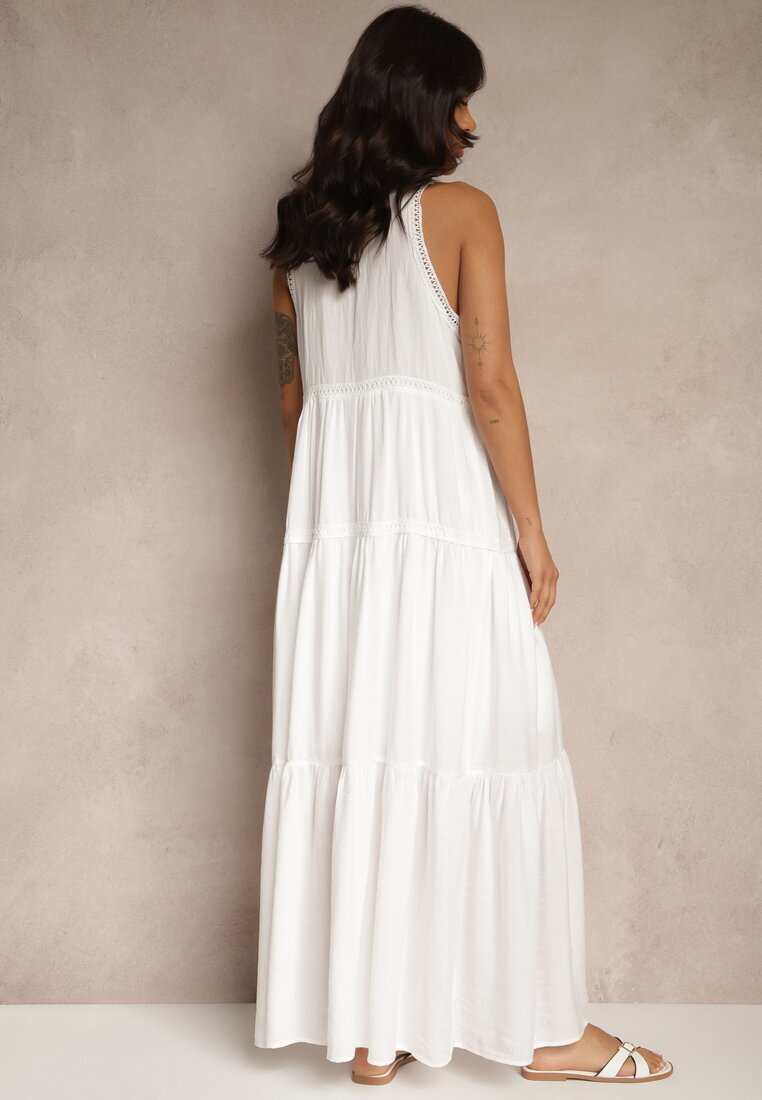 j&x Rochie Albă cu Vâscoză Decorată cu Motiv Croșetat Mevelta