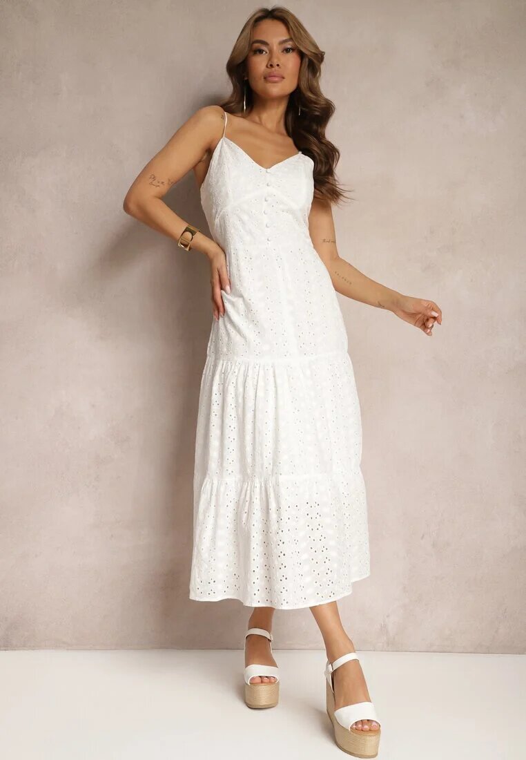 j&x Rochie Albă de Bumbac cu Bretele Subțiri cu Finisaj Brodat cu Elastic în Talie Lomila