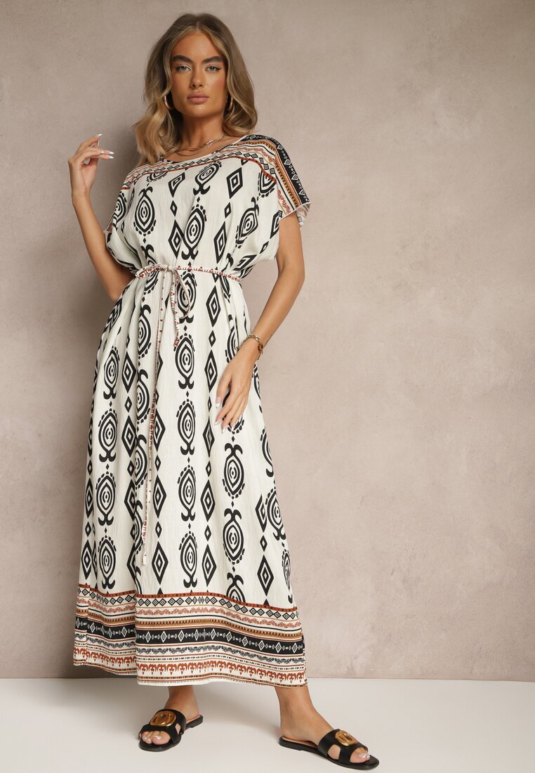 j&x Rochie Albă de Vâscoză cu croială dreaptă cu Imprimeu Etnic Miriliana