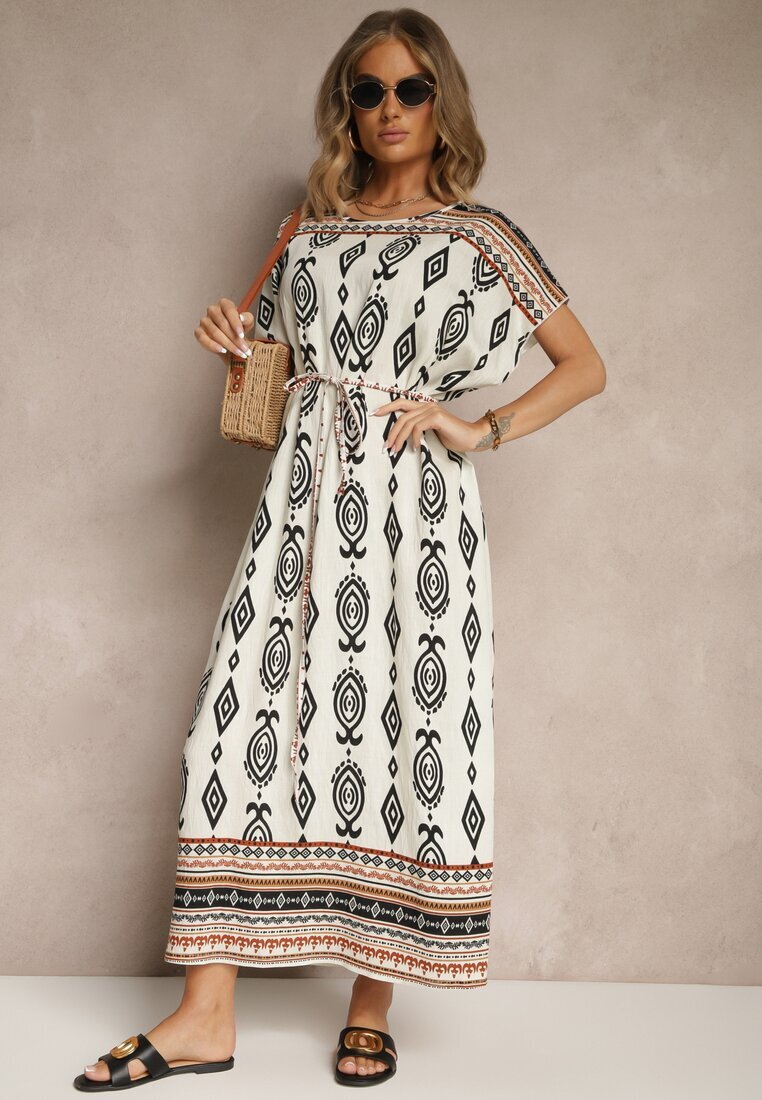 j&x Rochie Albă de Vâscoză cu croială dreaptă cu Imprimeu Etnic Miriliana