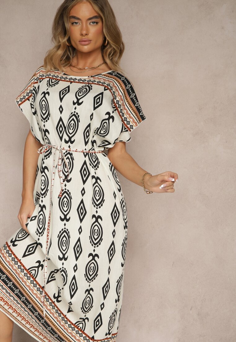 j&x Rochie Albă de Vâscoză cu croială dreaptă cu Imprimeu Etnic Miriliana