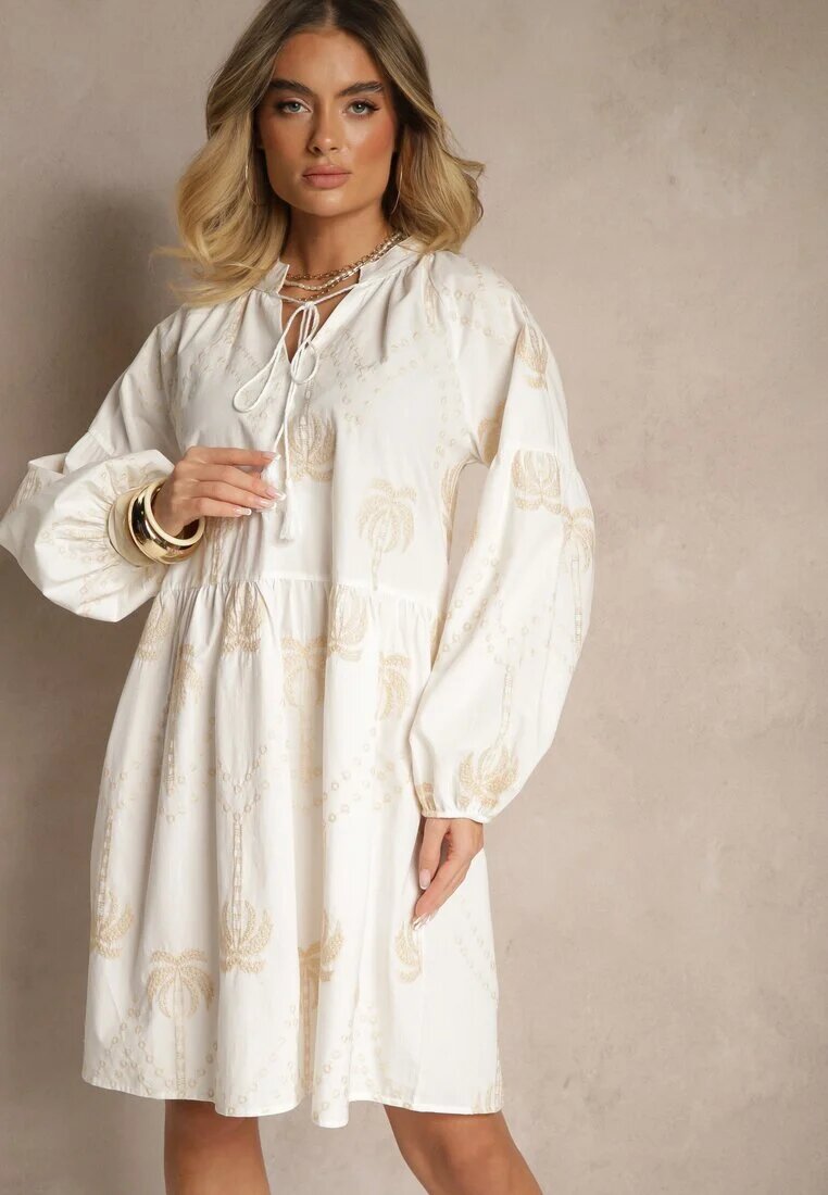 j&x Rochie Albă din Bumbac Decorată cu Legătură și Model cu Palmieri