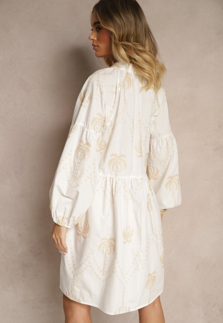 j&x Rochie Albă din Bumbac Decorată cu Legătură și Model cu Palmieri