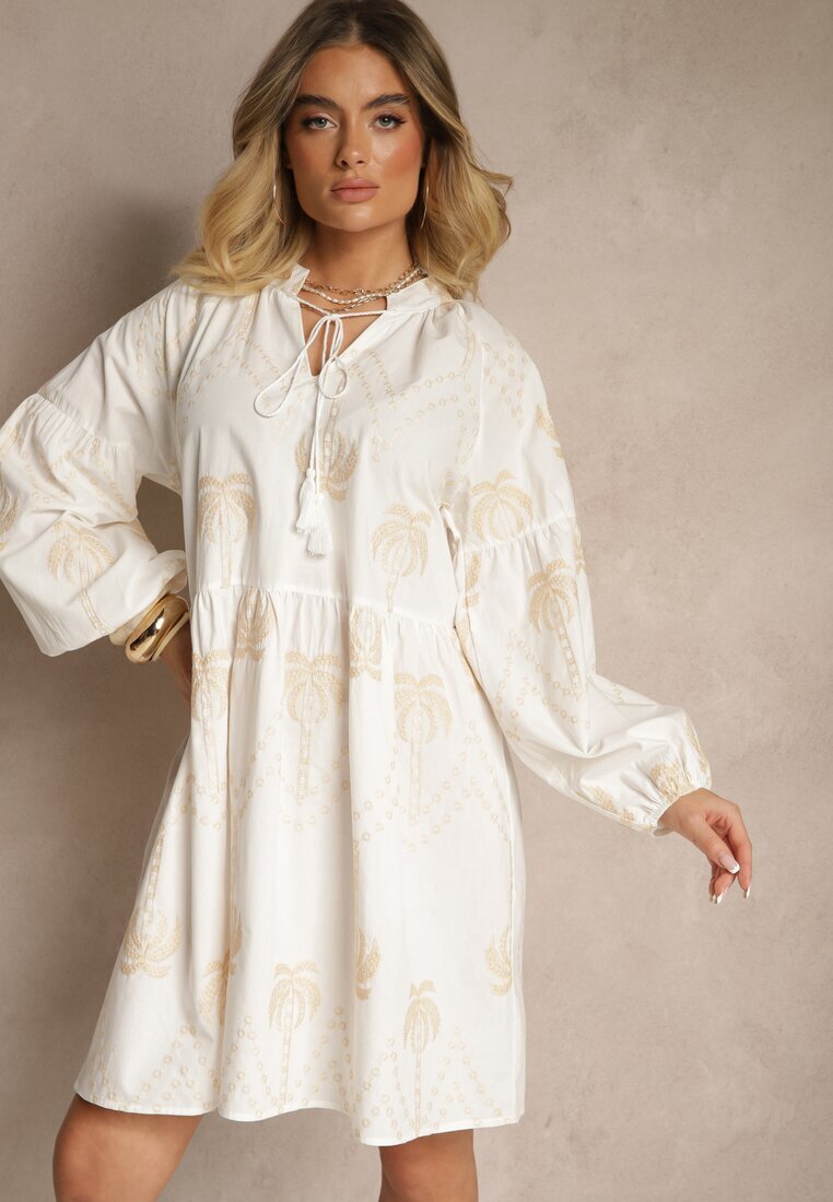j&x Rochie Albă din Bumbac Decorată cu Legătură și Model cu Palmieri