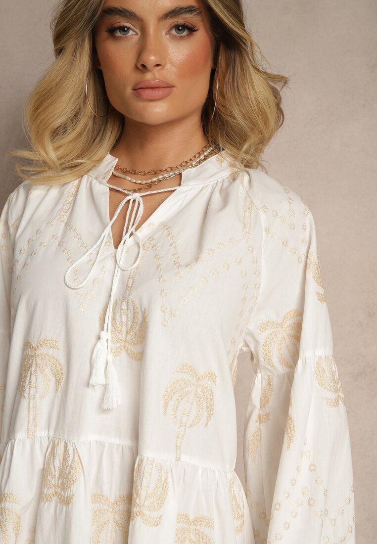 j&x Rochie Albă din Bumbac Decorată cu Legătură și Model cu Palmieri