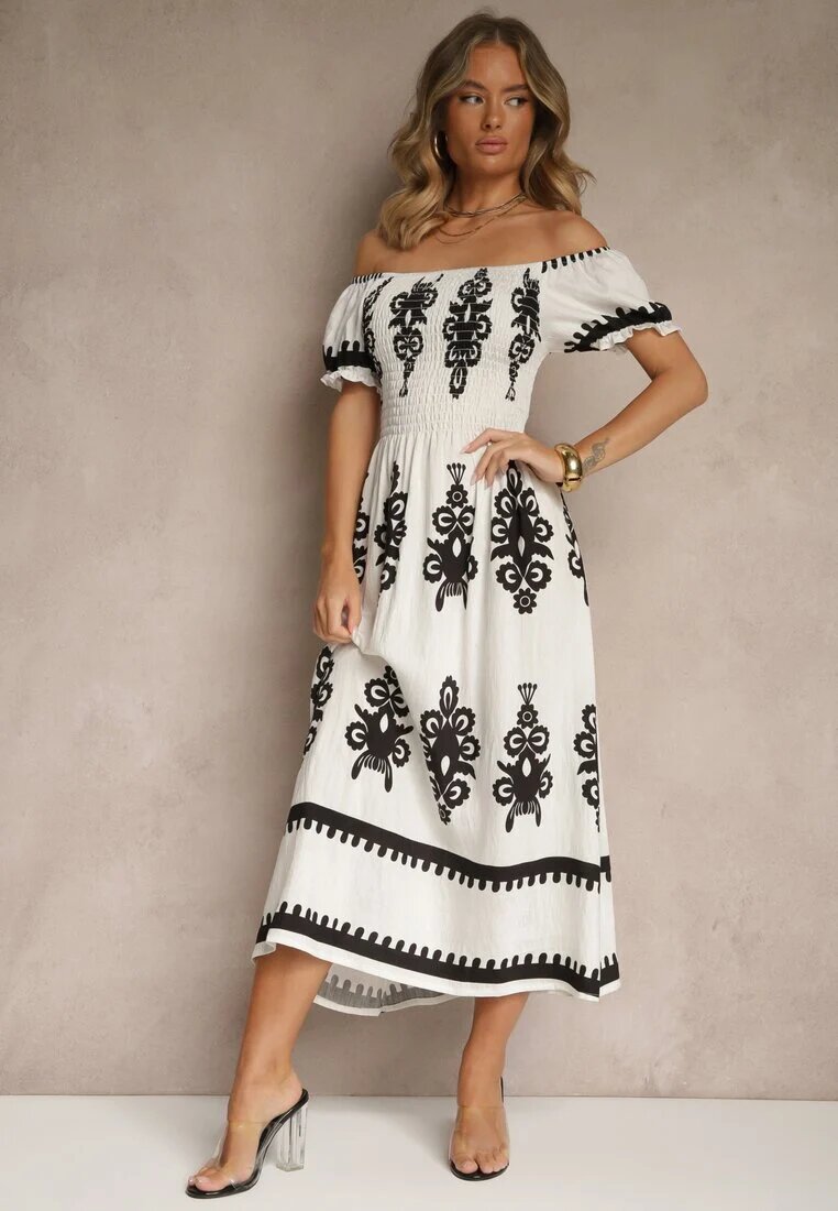 j&x Rochie Albă Spaniolă Decorată cu Imprimeu Etnic Aralette
