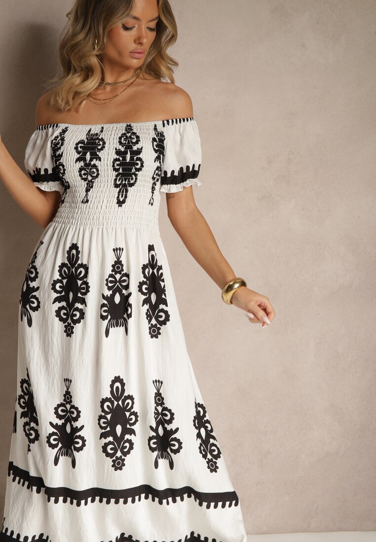 j&x Rochie Albă Spaniolă Decorată cu Imprimeu Etnic Aralette