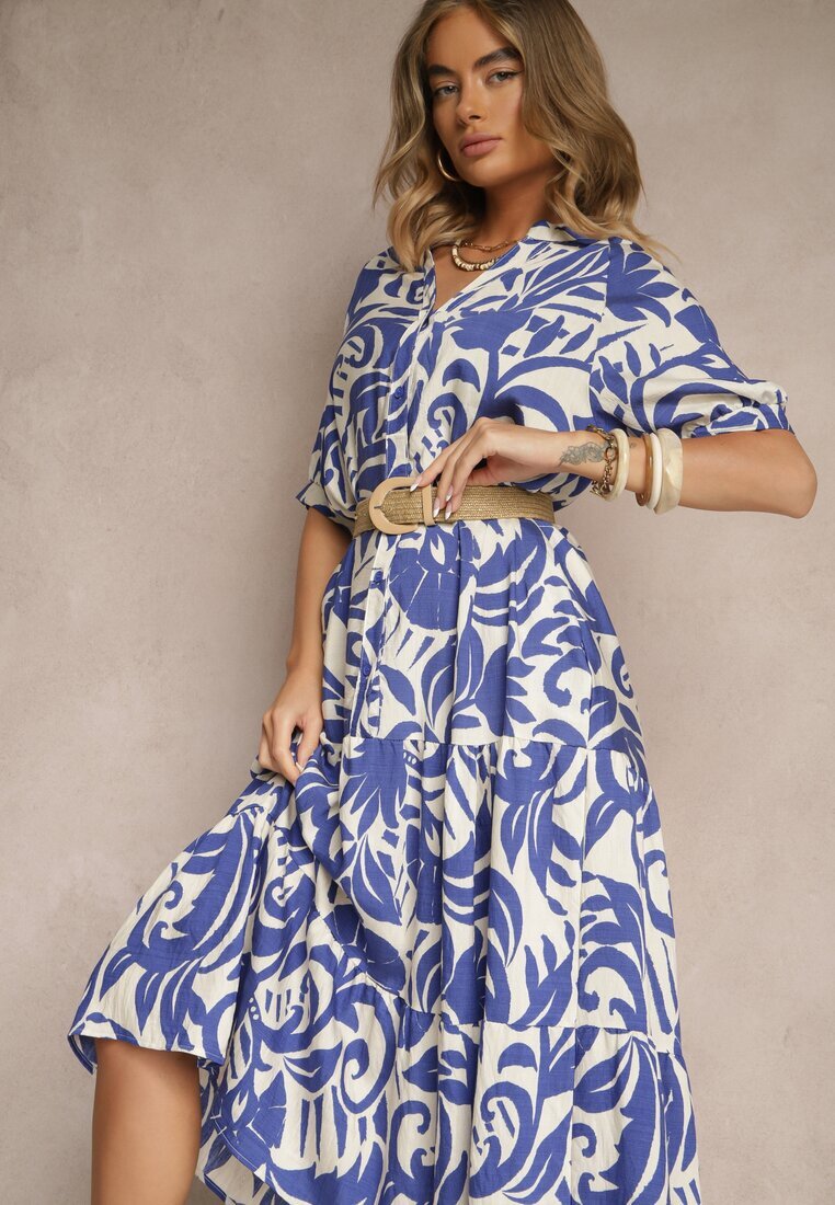 j&x Rochie Albastră Cloș din Viscoză Decorată cu Volan Filesenia