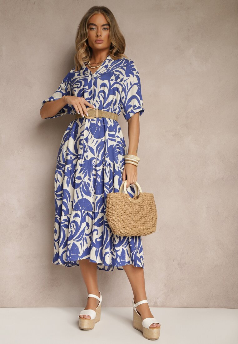 j&x Rochie Albastră Cloș din Viscoză Decorată cu Volan Filesenia