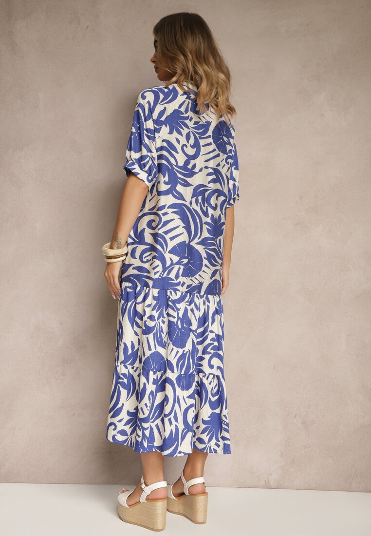 j&x Rochie Albastră Cloș din Viscoză Decorată cu Volan Filesenia