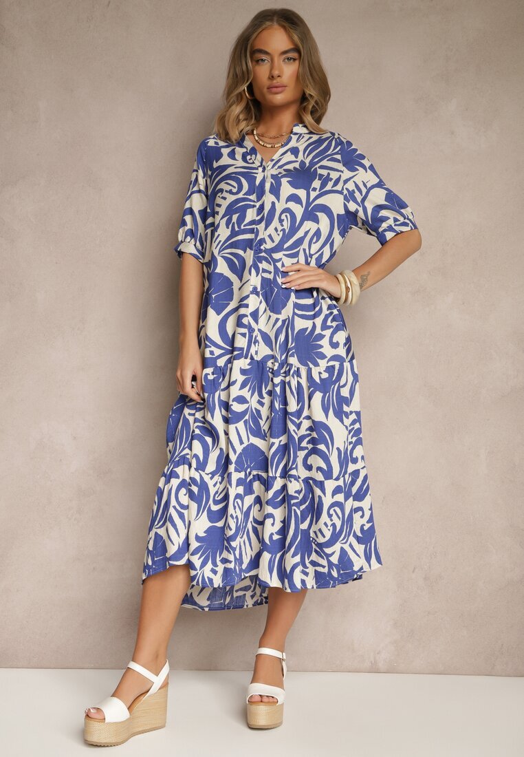 j&x Rochie Albastră Cloș din Viscoză Decorată cu Volan Filesenia