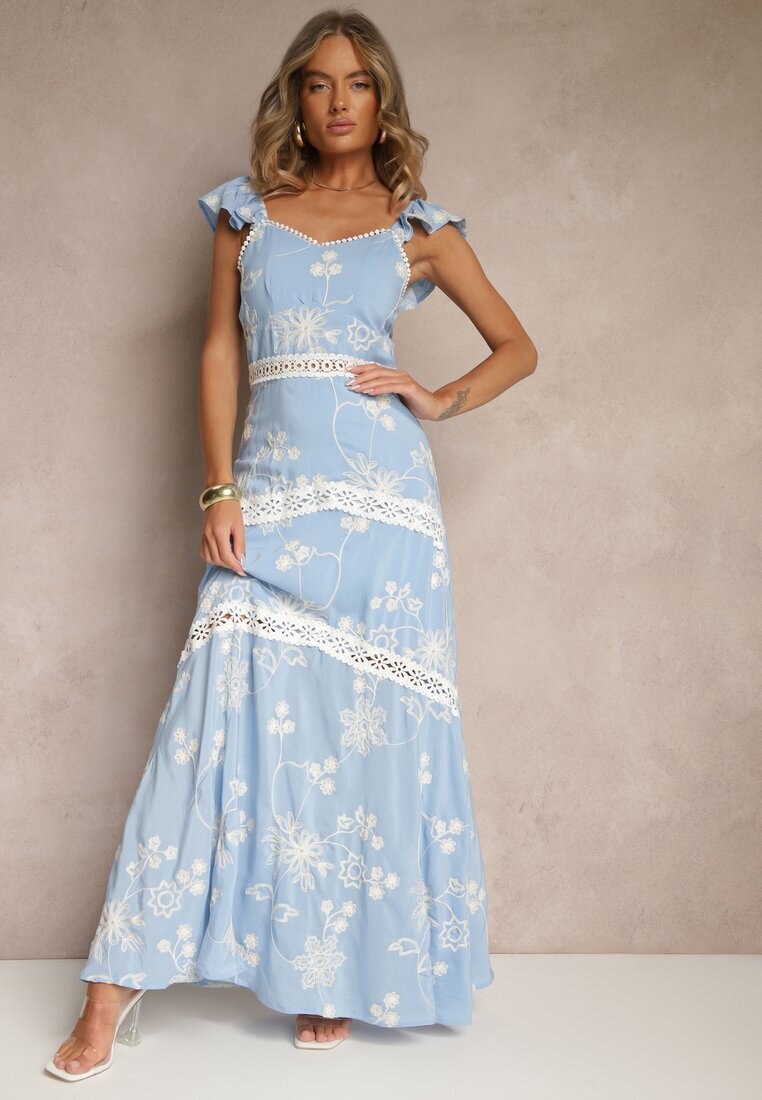 j&x Rochie albastră evazată din viscoză cu broderii Lumirieve