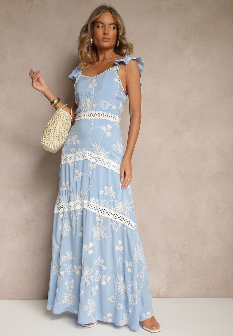 j&x Rochie albastră evazată din viscoză cu broderii Lumirieve
