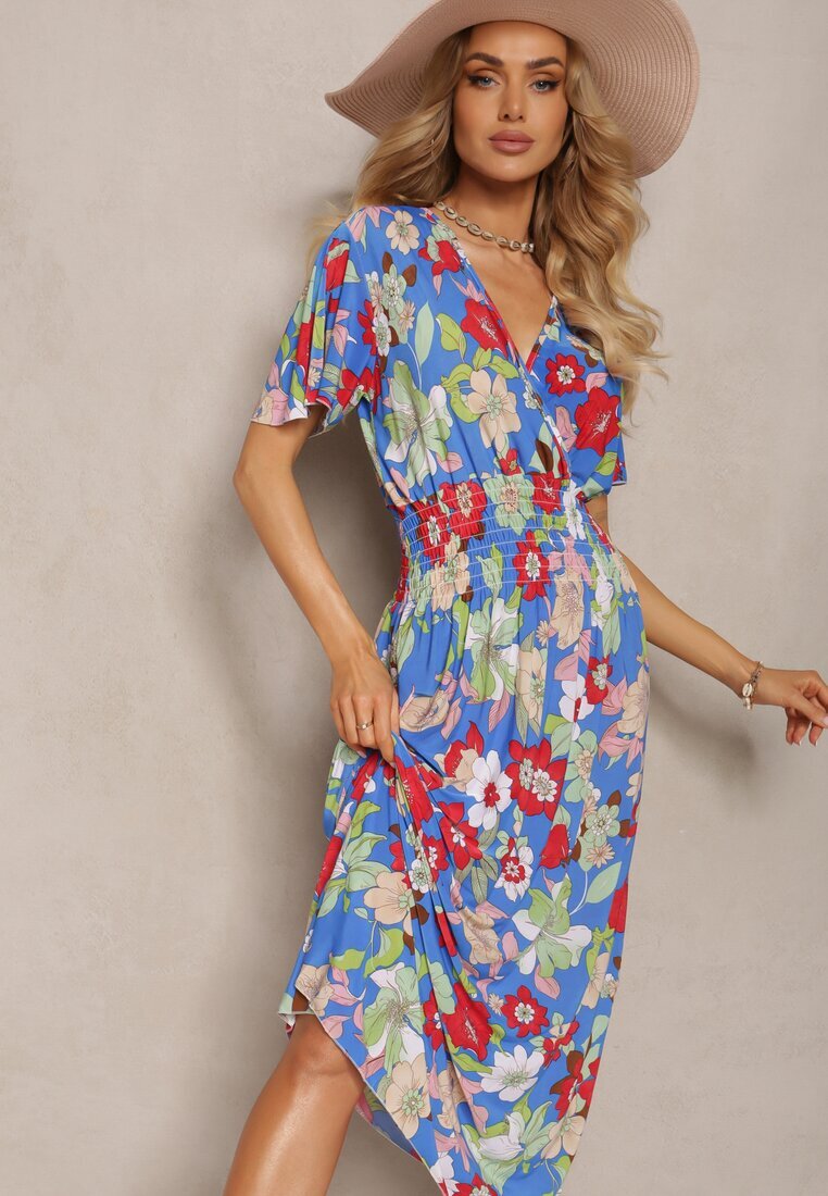 j&x Rochie Albastră-Roșie cu elastic în talie cu decolteu triunghiular cu imprimeu floral Nellvia