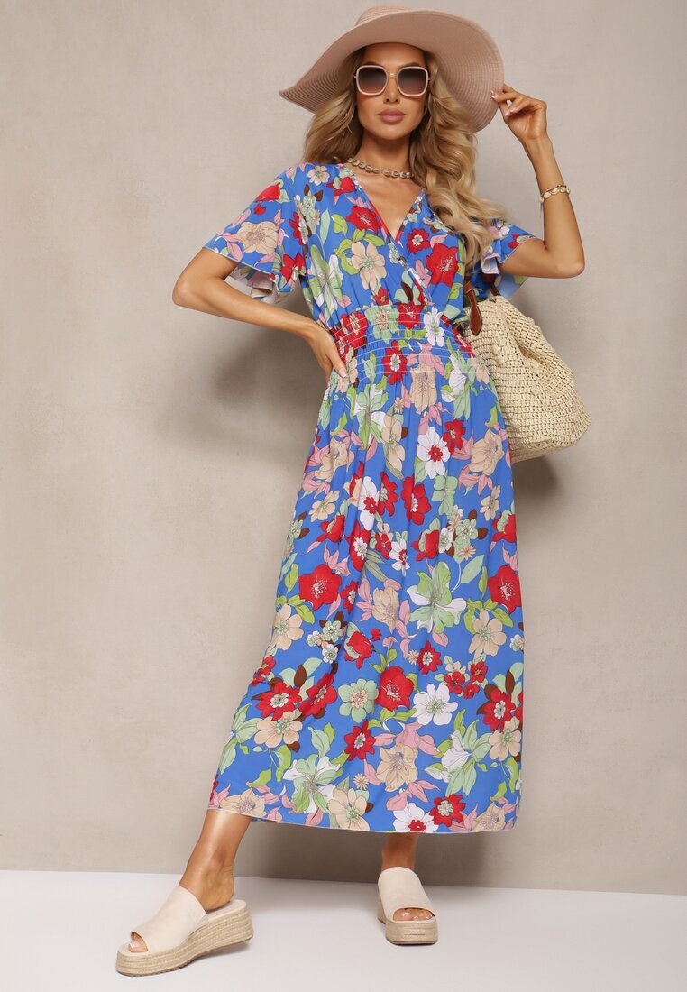 j&x Rochie Albastră-Roșie cu elastic în talie cu decolteu triunghiular cu imprimeu floral Nellvia
