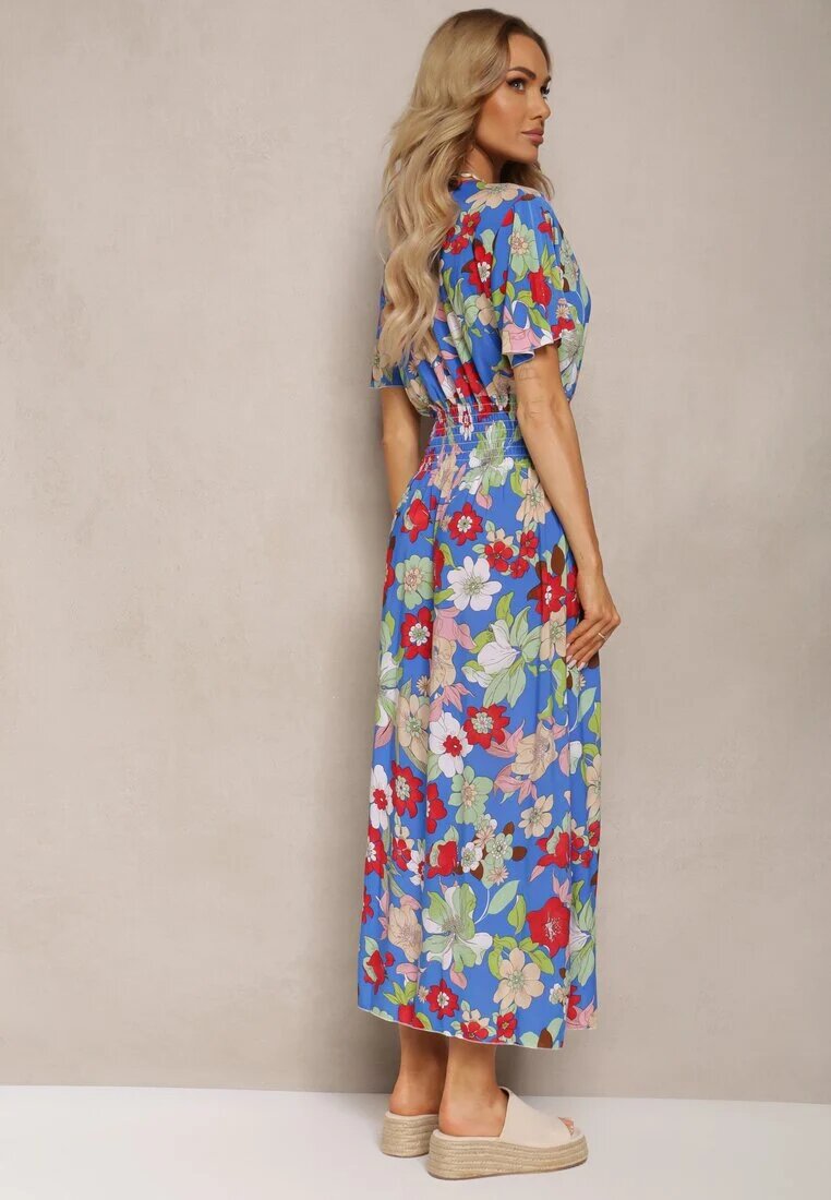 j&x Rochie Albastră-Roșie cu elastic în talie cu decolteu triunghiular cu imprimeu floral Nellvia