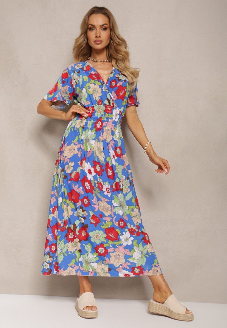 j&x Rochie Albastră-Roșie cu elastic în talie cu decolteu triunghiular cu imprimeu floral Nellvia