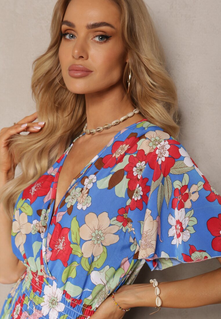 j&x Rochie Albastră-Roșie cu elastic în talie cu decolteu triunghiular cu imprimeu floral Nellvia