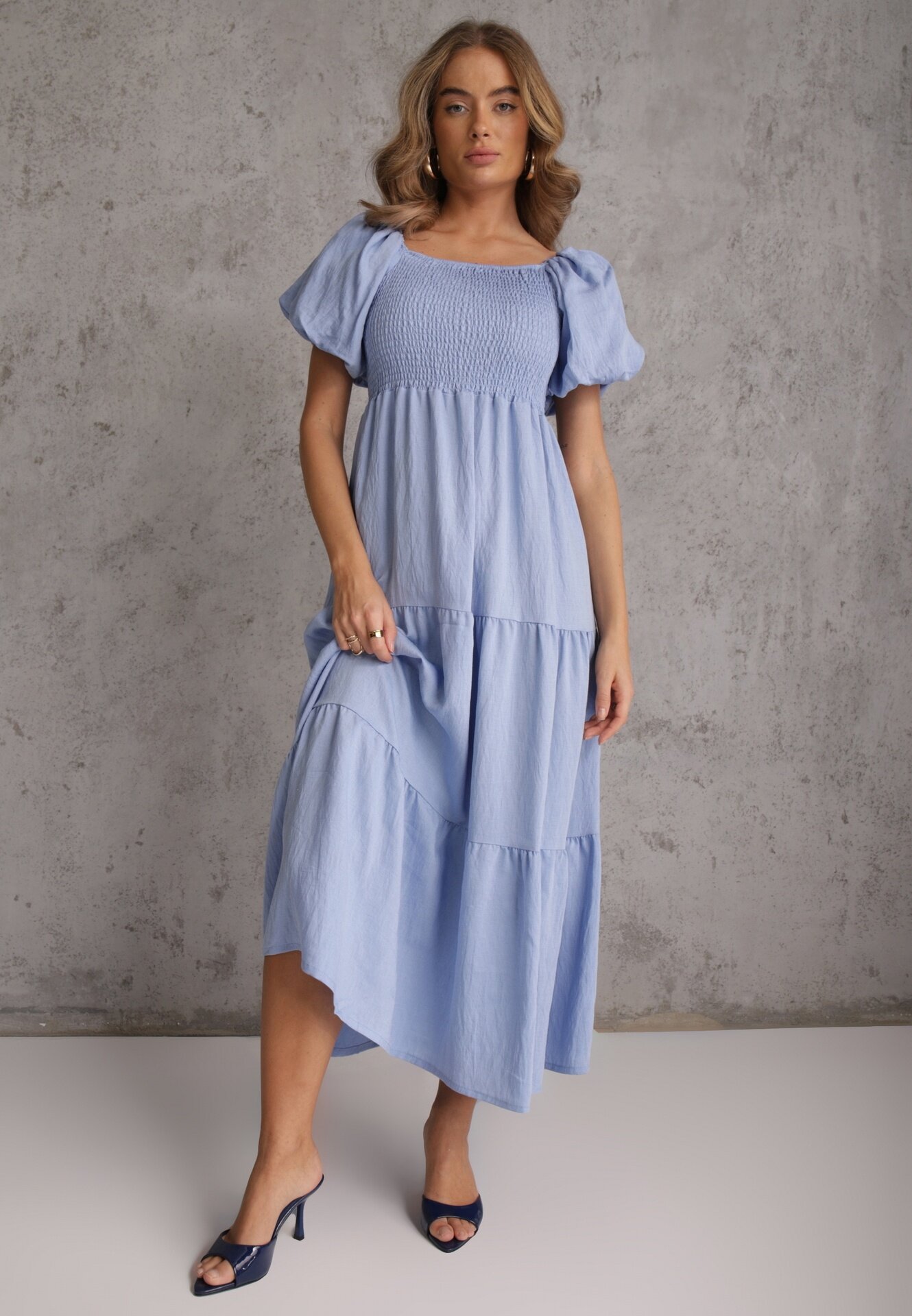 j&x Rochie Albastru deschis din Viscoză cu croială evazată cu mâneci bufante Rosena