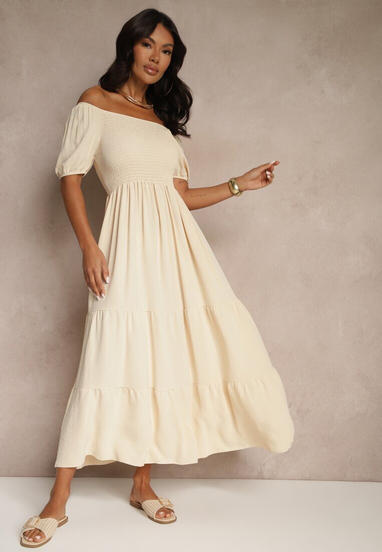 j&x Rochie Bej deschis stil spaniol cu top încrețit Lumirielle