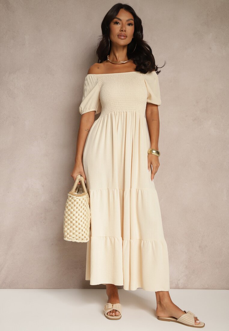 j&x Rochie Bej deschis stil spaniol cu top încrețit Lumirielle