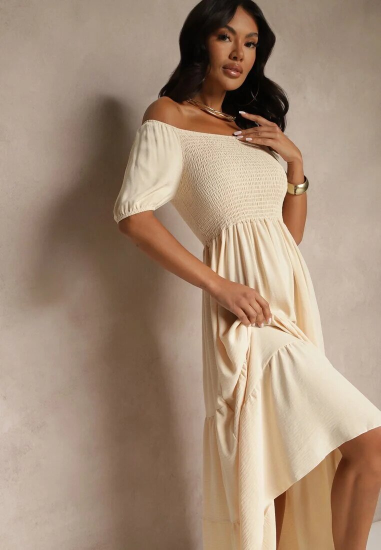 j&x Rochie Bej deschis stil spaniol cu top încrețit Lumirielle