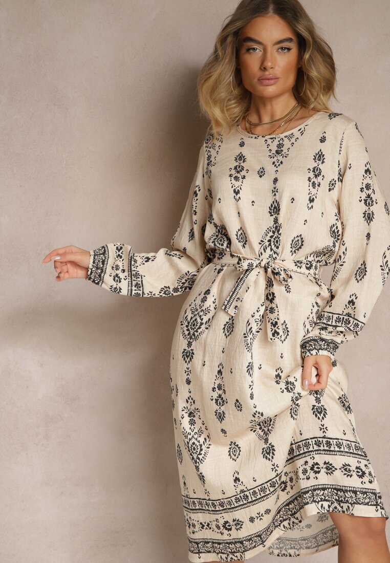 j&x Rochie Bej deschis Tip cutie Boho cu Imprimeuri Etnice cu Curea Lisalenea