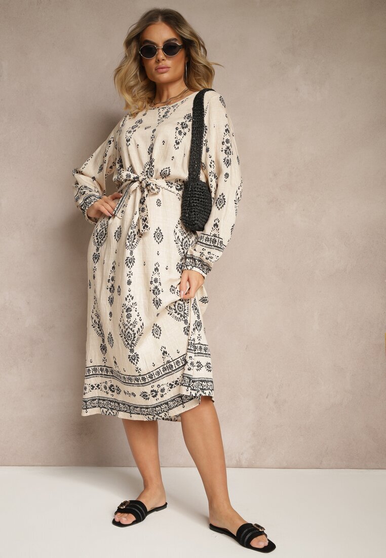 j&x Rochie Bej deschis Tip cutie Boho cu Imprimeuri Etnice cu Curea Lisalenea