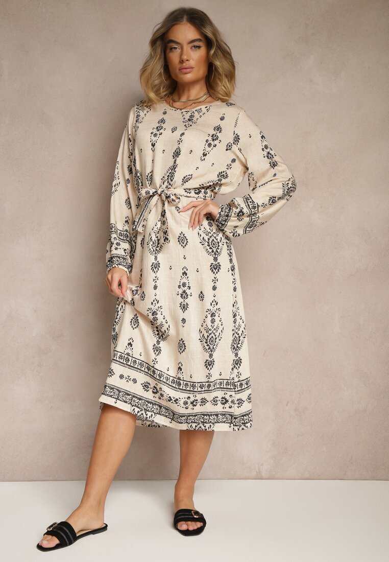 j&x Rochie Bej deschis Tip cutie Boho cu Imprimeuri Etnice cu Curea Lisalenea