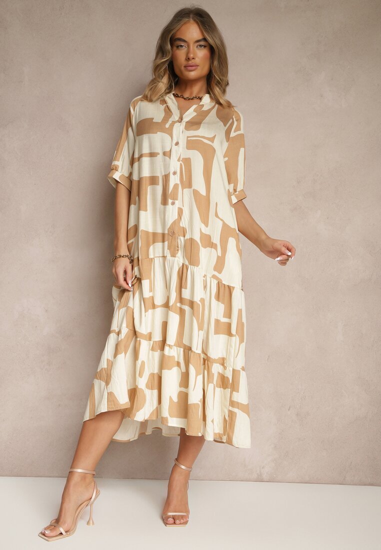 j&x Rochie Bej din Vascoză Decorată cu Model Geometric Filorea