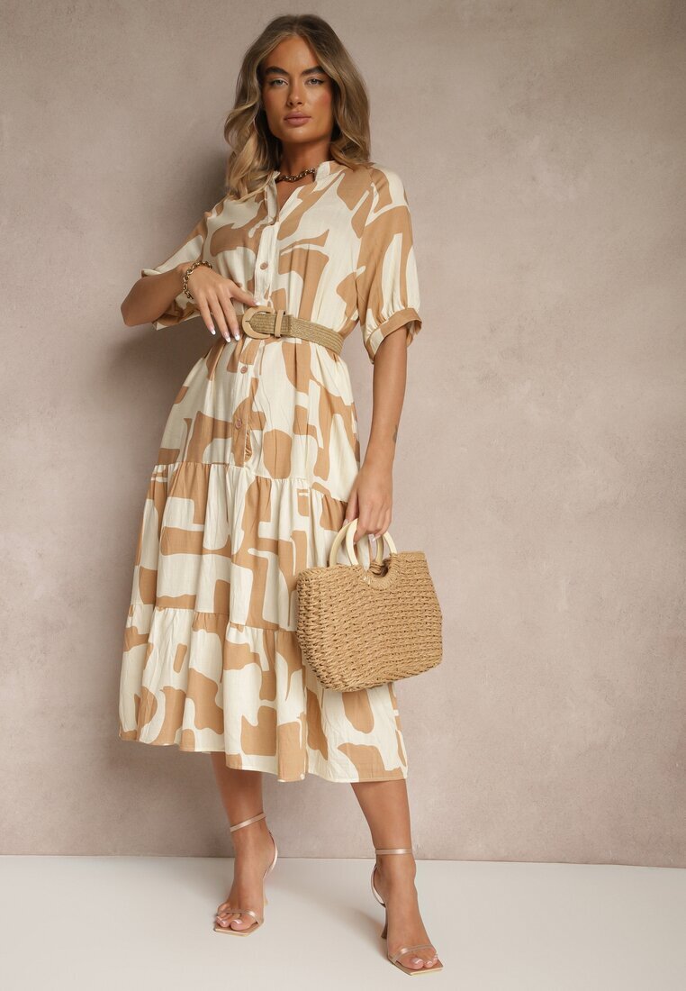 j&x Rochie Bej din Vascoză Decorată cu Model Geometric Filorea