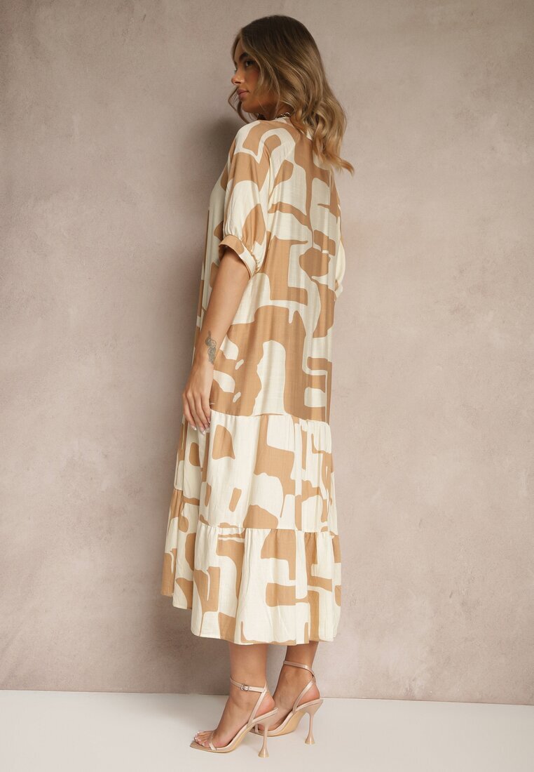j&x Rochie Bej din Vascoză Decorată cu Model Geometric Filorea