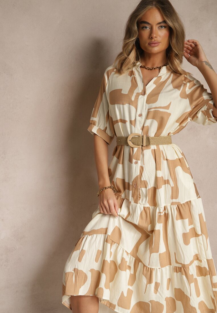j&x Rochie Bej din Vascoză Decorată cu Model Geometric Filorea