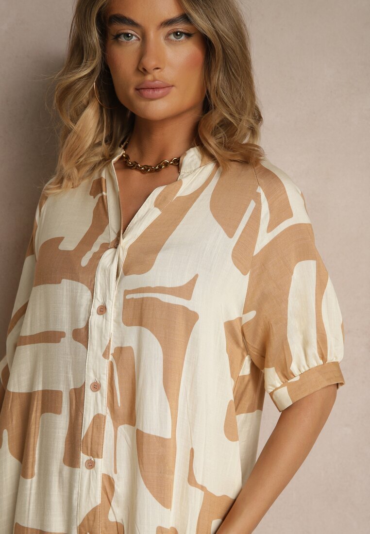 j&x Rochie Bej din Vascoză Decorată cu Model Geometric Filorea