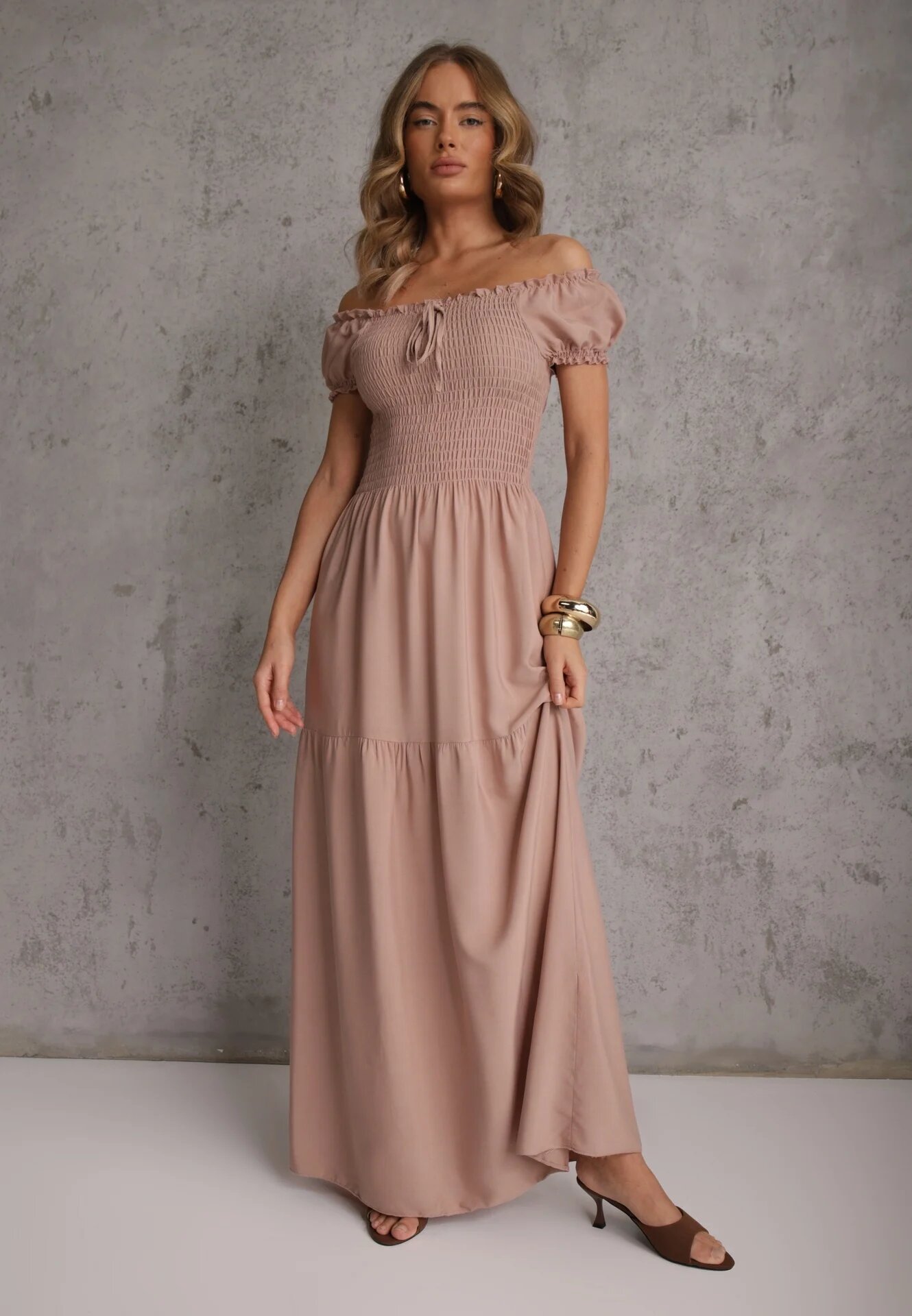 j&x Rochie Bej din Viscoză Stil Spaniol Decorată cu Volane Jenalena