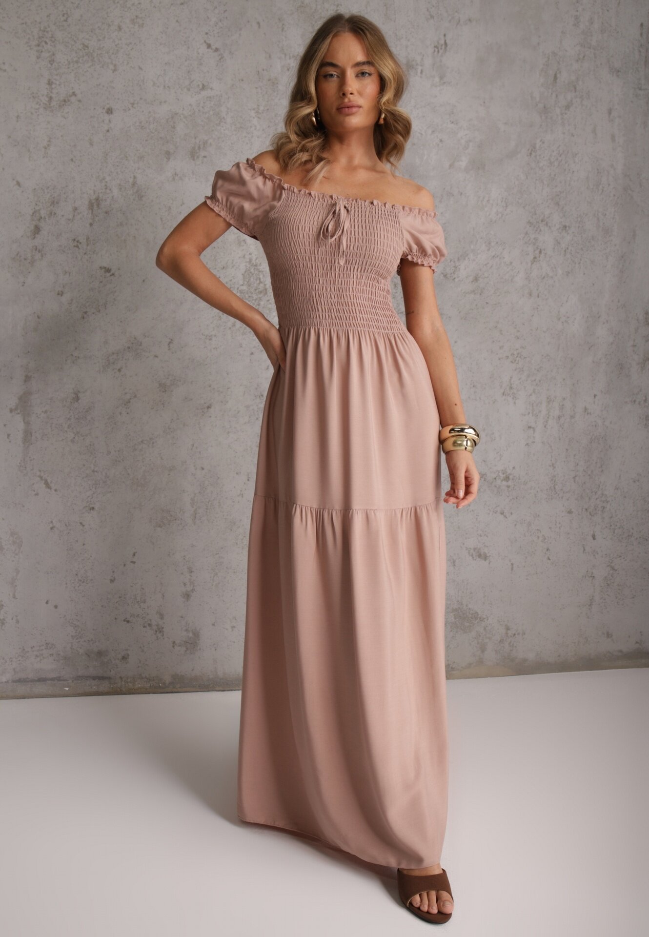 j&x Rochie Bej din Viscoză Stil Spaniol Decorată cu Volane Jenalena