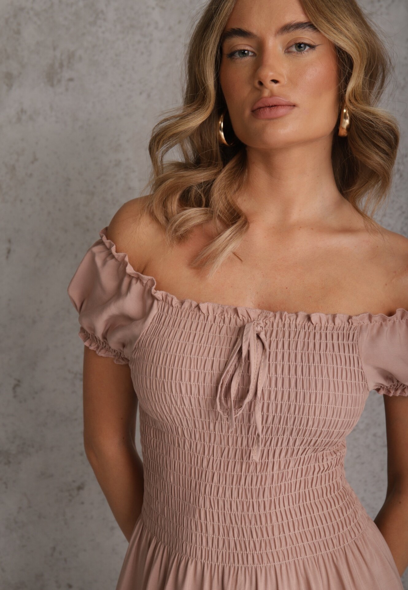 j&x Rochie Bej din Viscoză Stil Spaniol Decorată cu Volane Jenalena