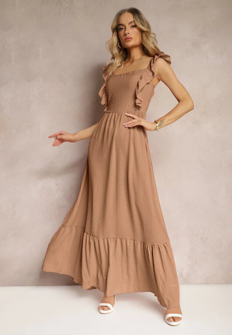 j&x Rochie bej închisă cu legătură la spate cu bretele cu volane și elastic în talie Rollas