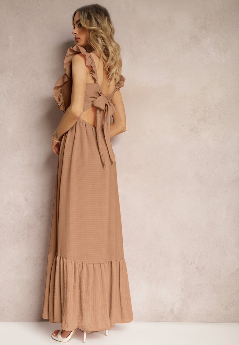 j&x Rochie bej închisă cu legătură la spate cu bretele cu volane și elastic în talie Rollas