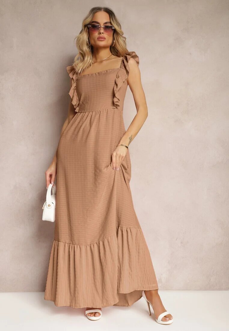 j&x Rochie bej închisă cu legătură la spate cu bretele cu volane și elastic în talie Rollas