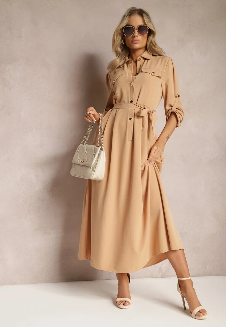 j&x Rochie bej lungă cu partea de jos evazată și partea de sus tip cămașă Kitesi