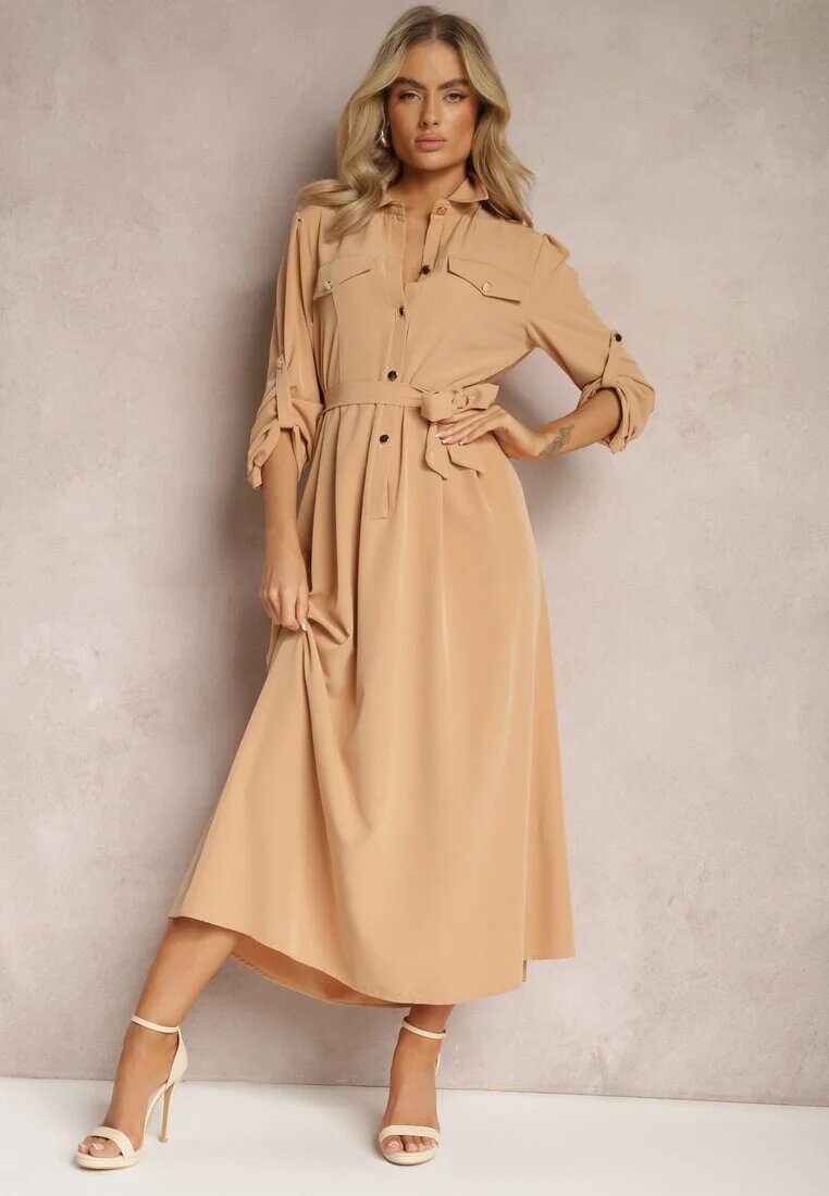j&x Rochie bej lungă cu partea de jos evazată și partea de sus tip cămașă Kitesi