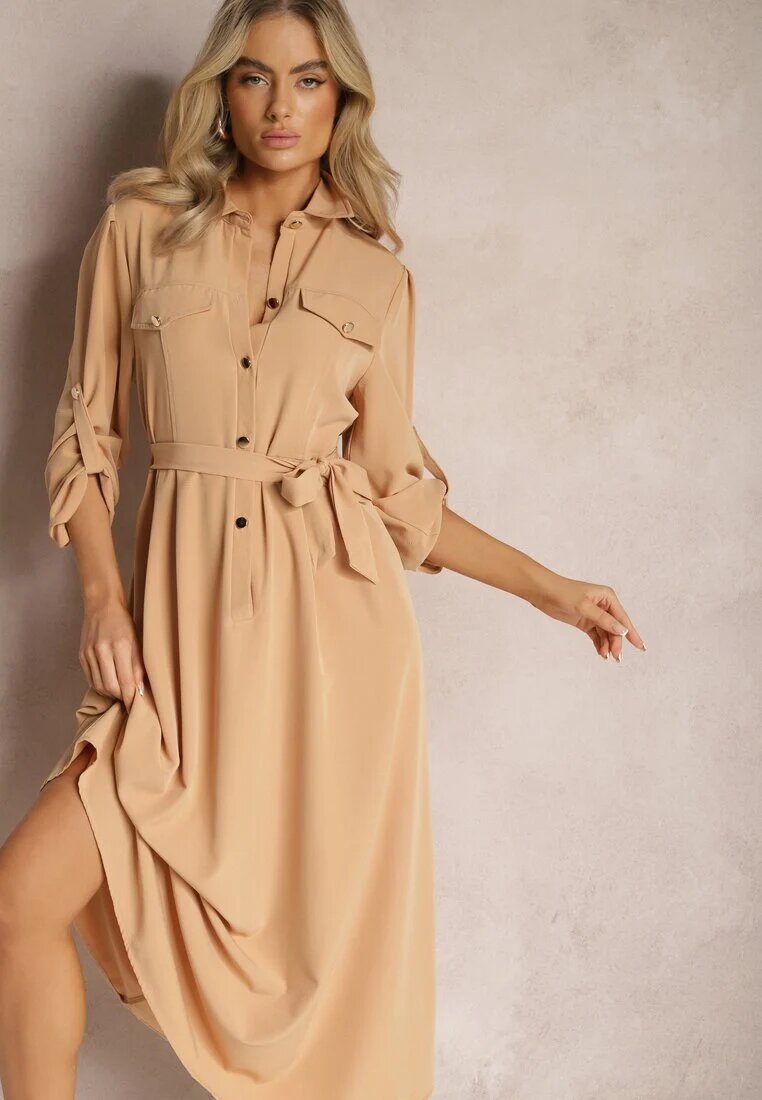 j&x Rochie bej lungă cu partea de jos evazată și partea de sus tip cămașă Kitesi