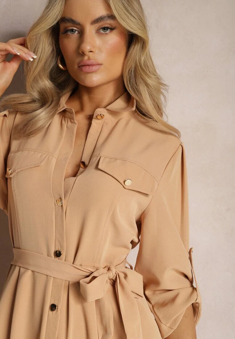 j&x Rochie bej lungă cu partea de jos evazată și partea de sus tip cămașă Kitesi