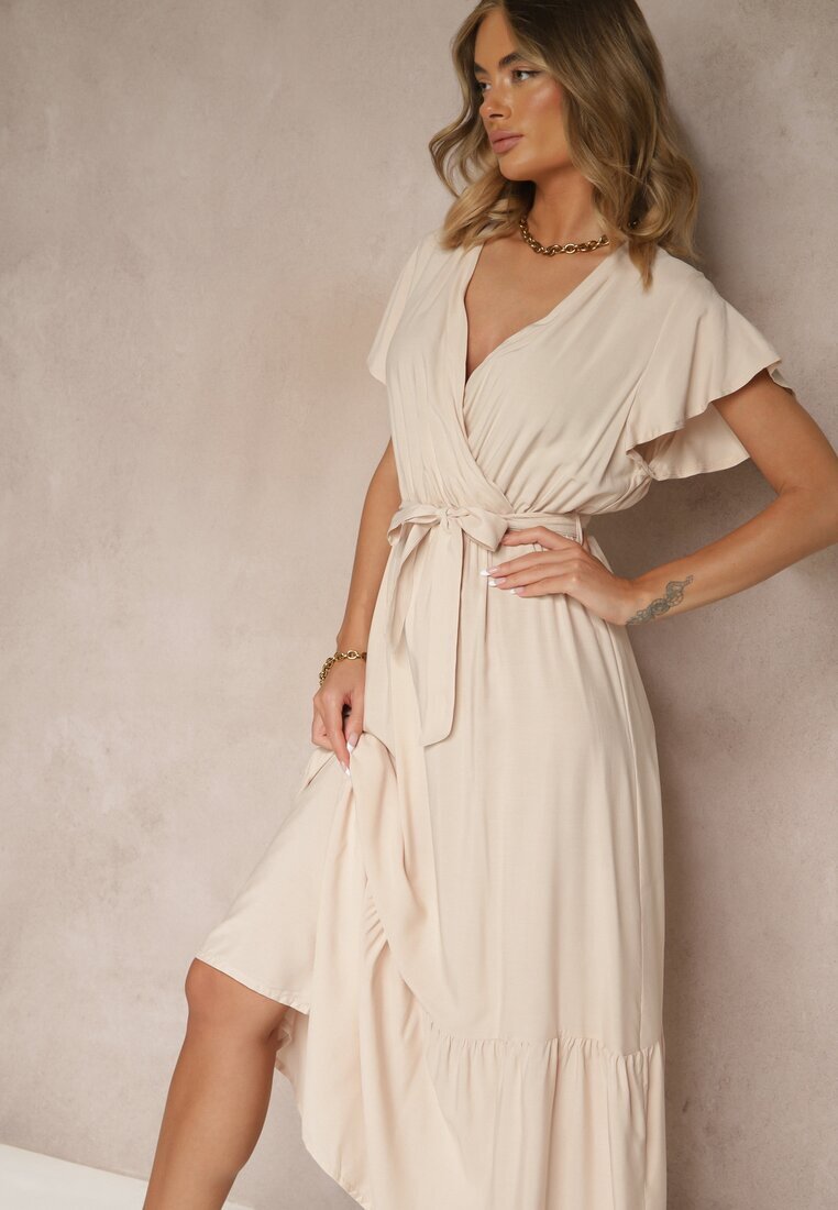 j&x Rochie Bej Petrecută din Viscoză Decorată cu Curea Savioneira