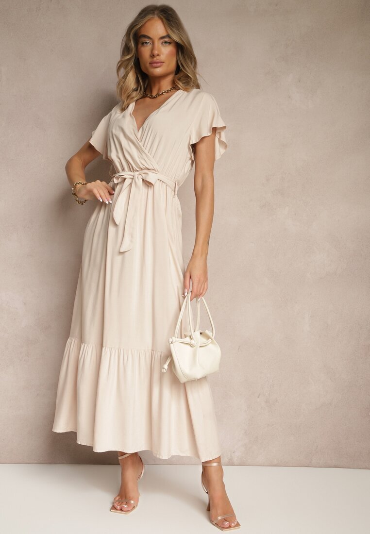 j&x Rochie Bej Petrecută din Viscoză Decorată cu Curea Savioneira