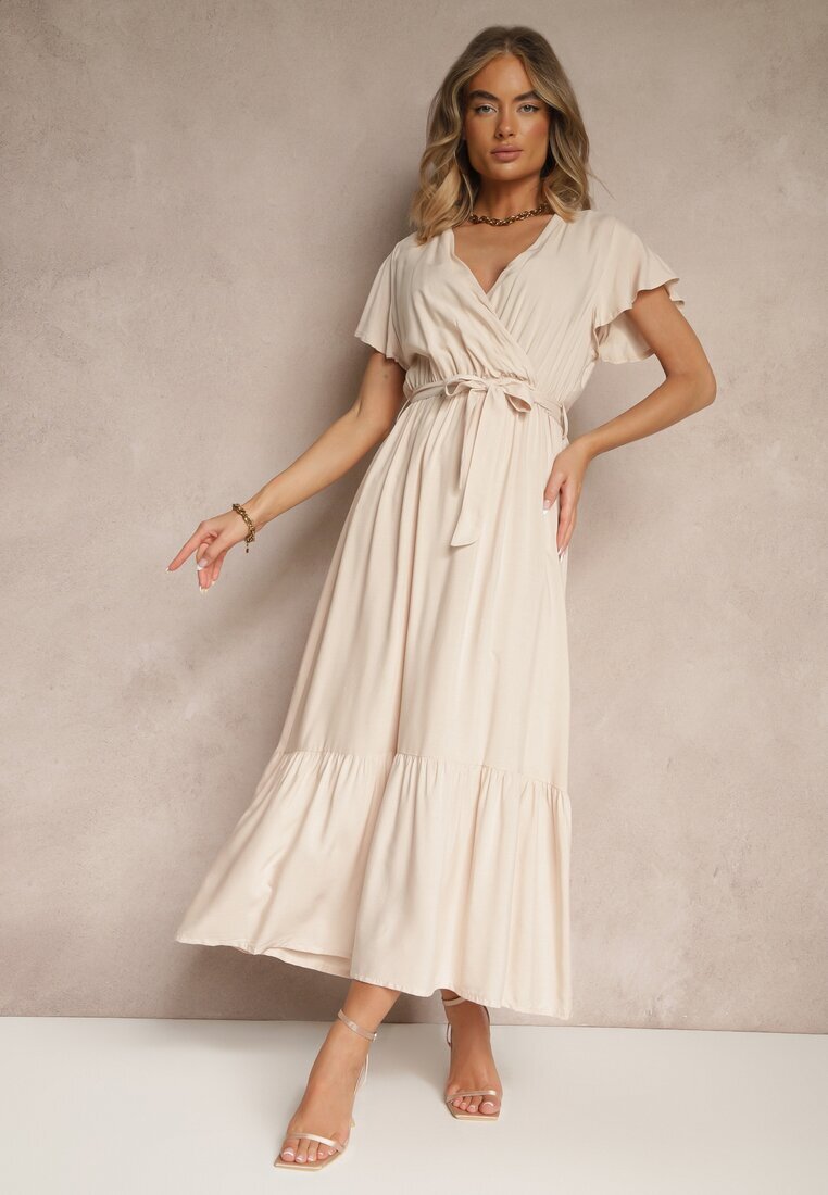 j&x Rochie Bej Petrecută din Viscoză Decorată cu Curea Savioneira