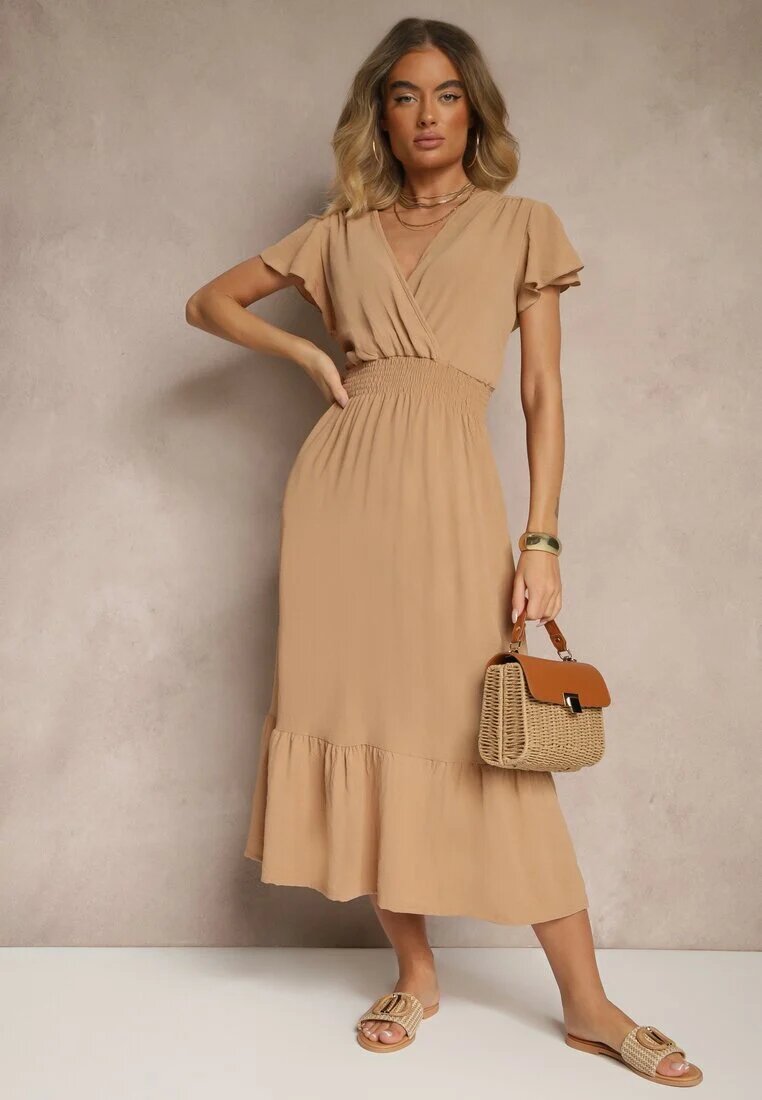 j&x Rochie bej petrecută evazată cu elastic în talie Reivione