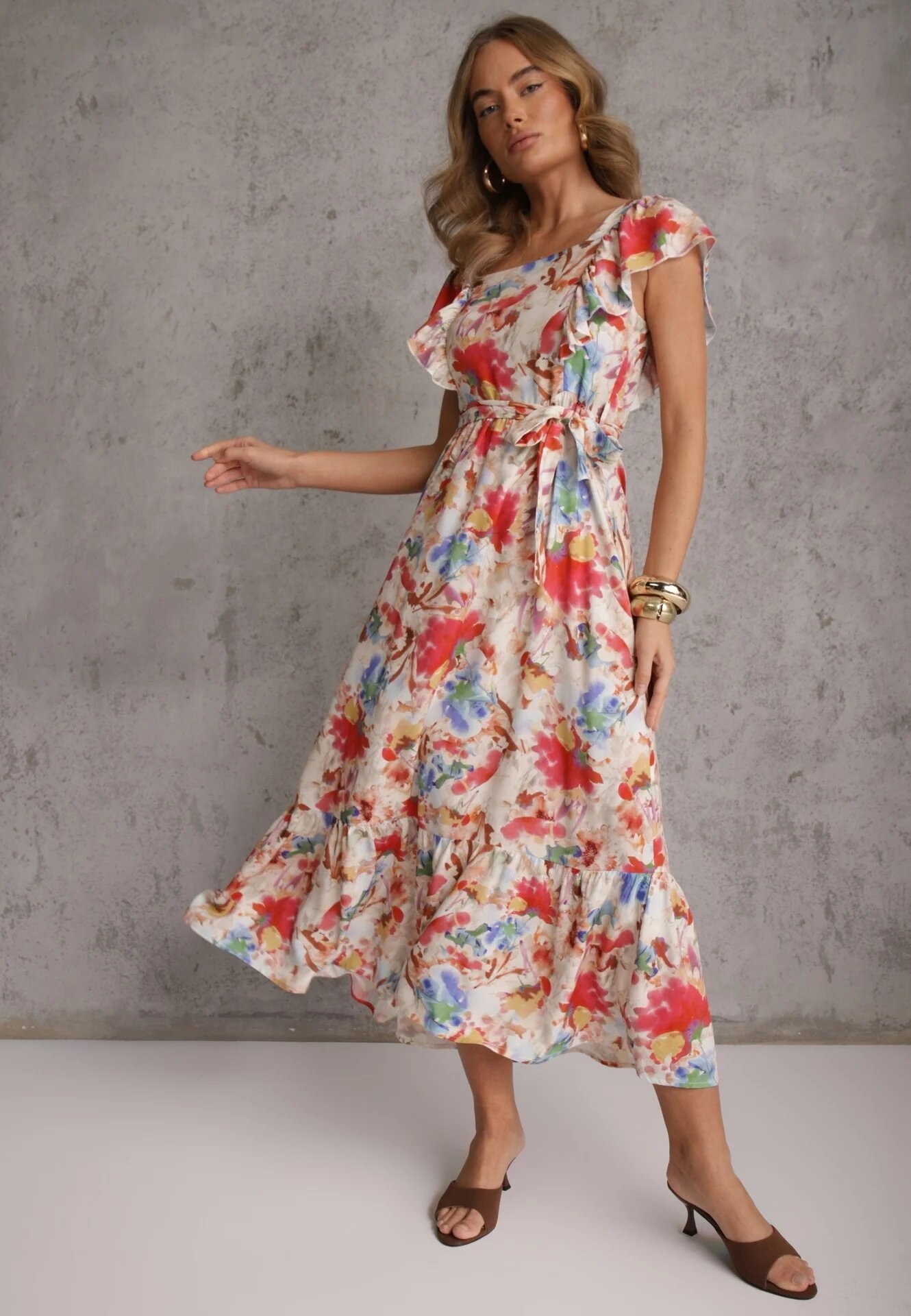 j&x Rochie Bej-Roz Florală din Viscoză cu Volan cu Bretele cu Curea din Material Nuclemia