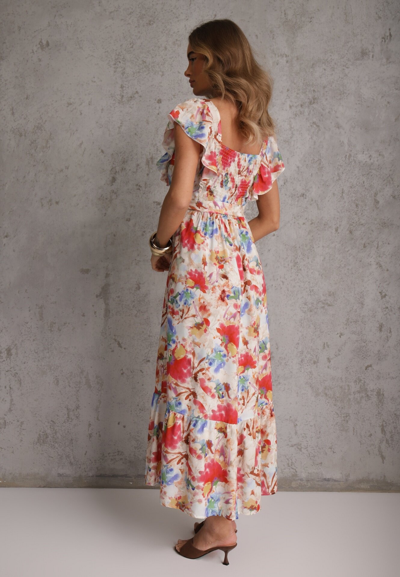 j&x Rochie Bej-Roz Florală din Viscoză cu Volan cu Bretele cu Curea din Material Nuclemia